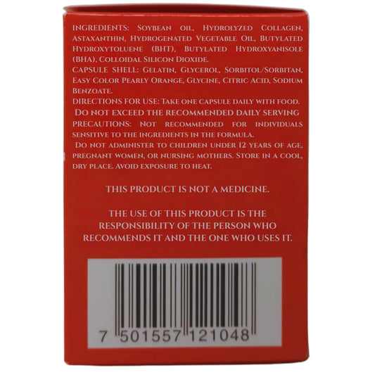 Label close-up highlighting astaxanthin and hydrolyzed collagen ingredients