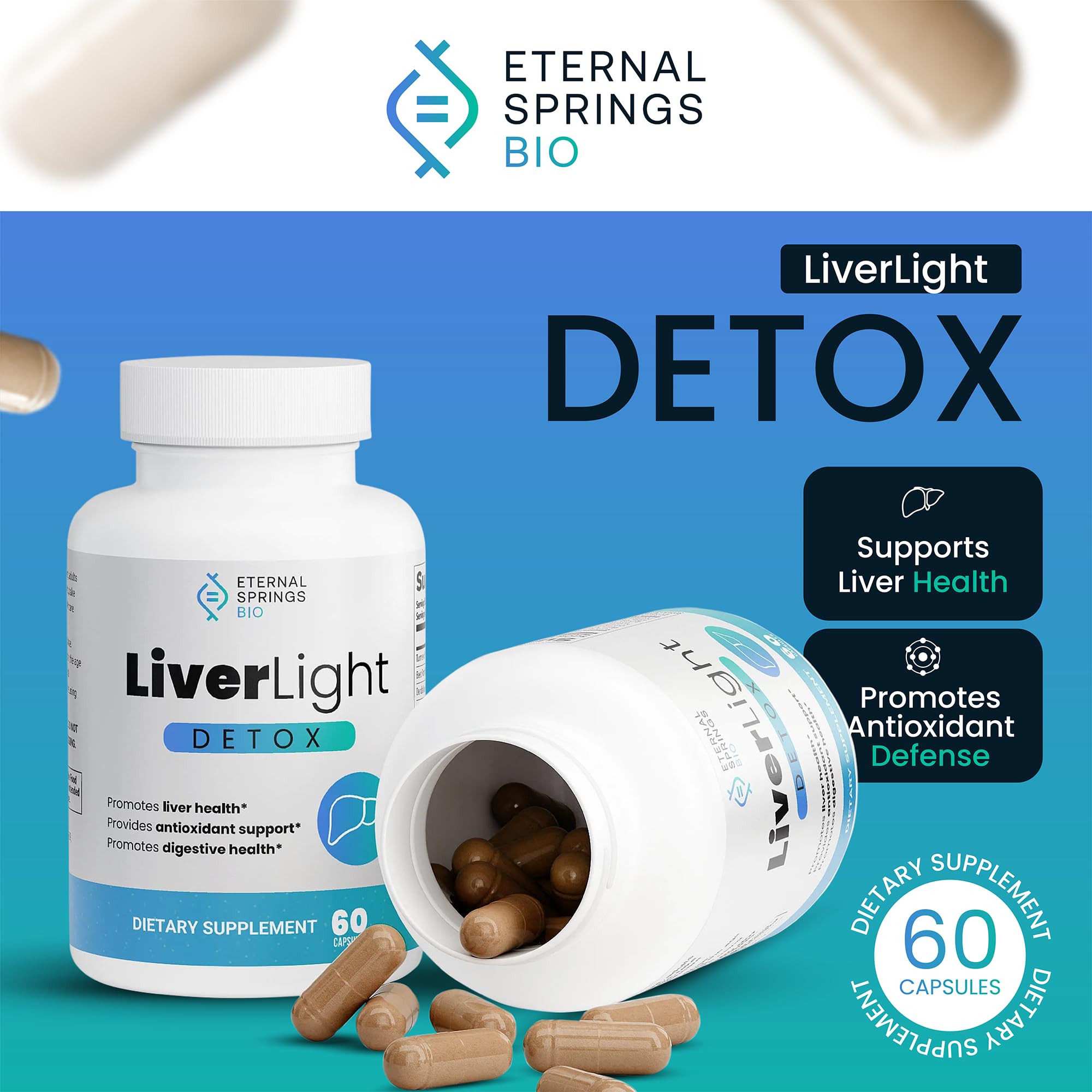 Close-up of LiverLight Detox bottle with 60 capsules