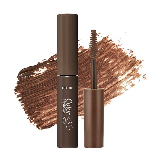 ETUDE Color My Brows brow mascara application shows precise wand for natural 3D tint