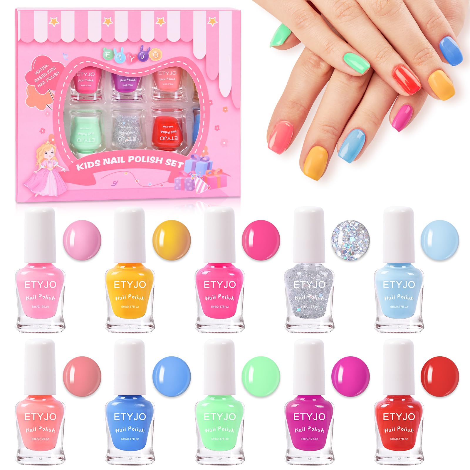 ETYJO Kids Nail Polish Set with a colorful palette for safe, playful manicures.