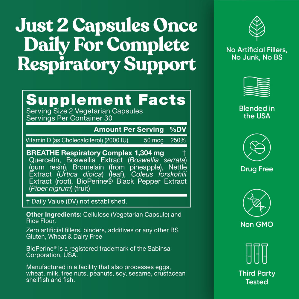 Eu Natural Breathe Inhaler Support packaging highlights a vegetarian formula for lung-friendly daily use
