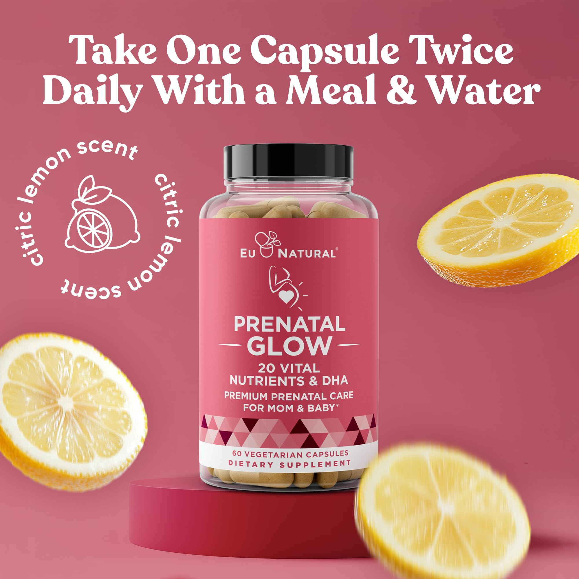 Close-up of Glow capsules showing vegetarian, gluten-free design