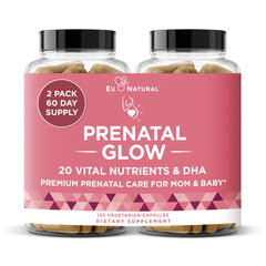 Eu Natural Glow prenatal bottle front, highlighting 20-in-1 formula for healthy development