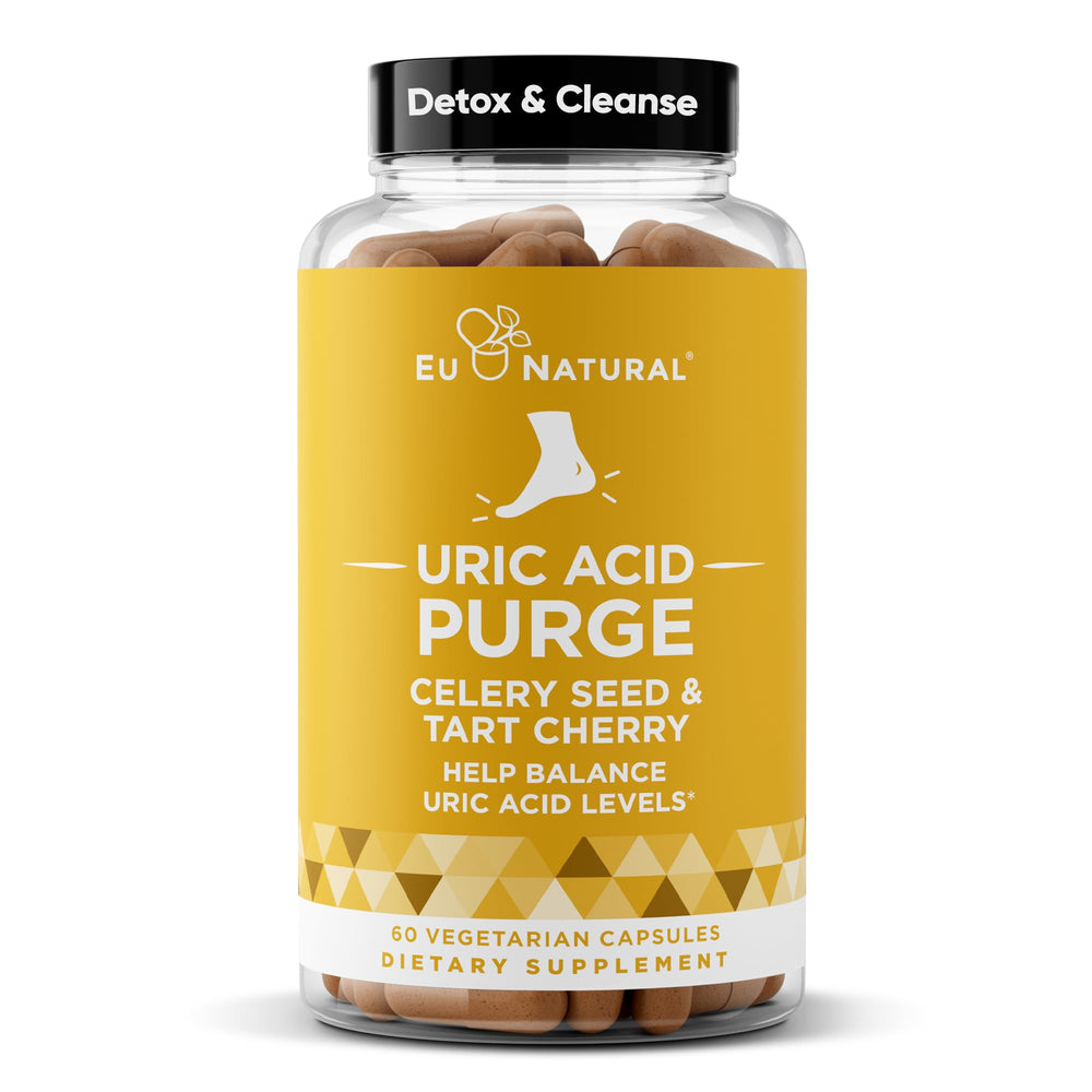 Eu Natural Purge Uric Acid bottle showcasing capsules for daily joint support.