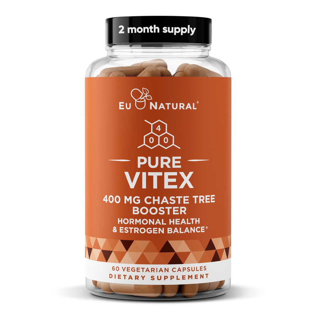 Eu Natural Vitex Pure bottle front shows full-spectrum chasteberry for hormone balance support