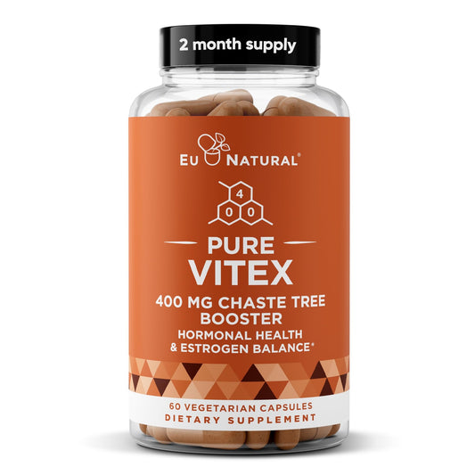 Eu Natural Vitex Pure bottle front shows full-spectrum chasteberry for hormone balance support