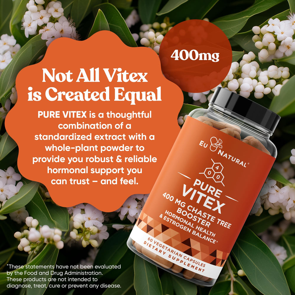 Eu Natural Vitex Pure bottle pour demonstrates convenient daily ritual for balanced mood and energy