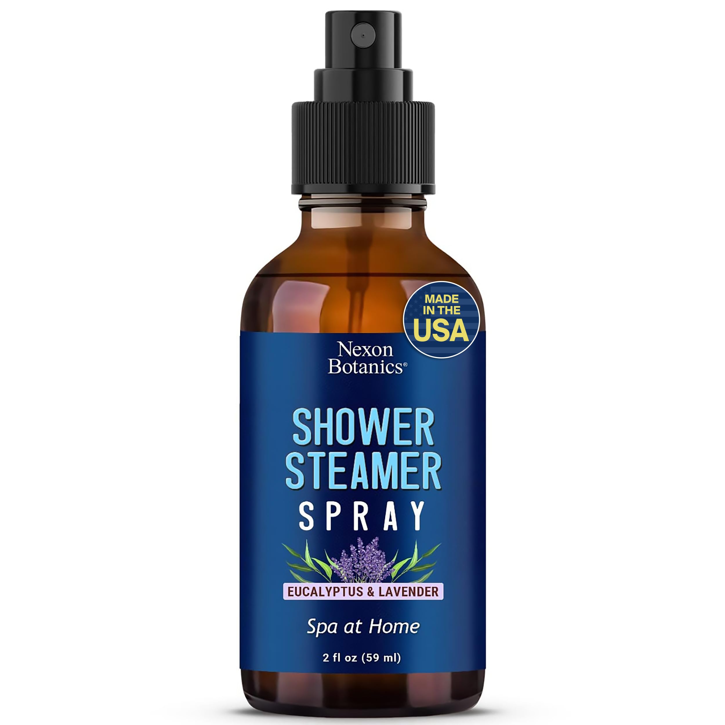 Eucalyptus and lavender shower steamer spray bottle on bathroom counter