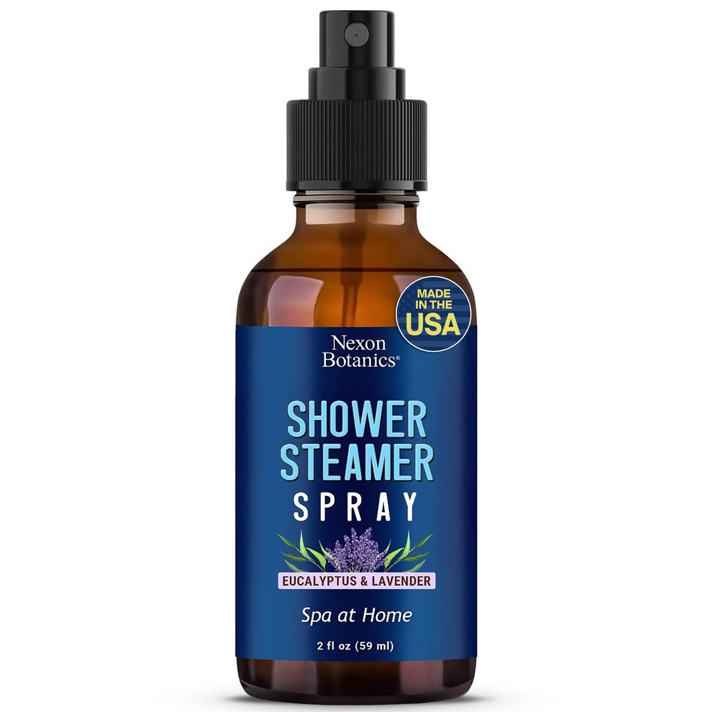 Eucalyptus and lavender shower steamer spray bottle on bathroom counter