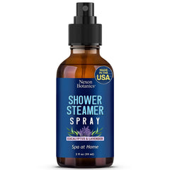 Eucalyptus and lavender shower steamer spray bottle on bathroom counter