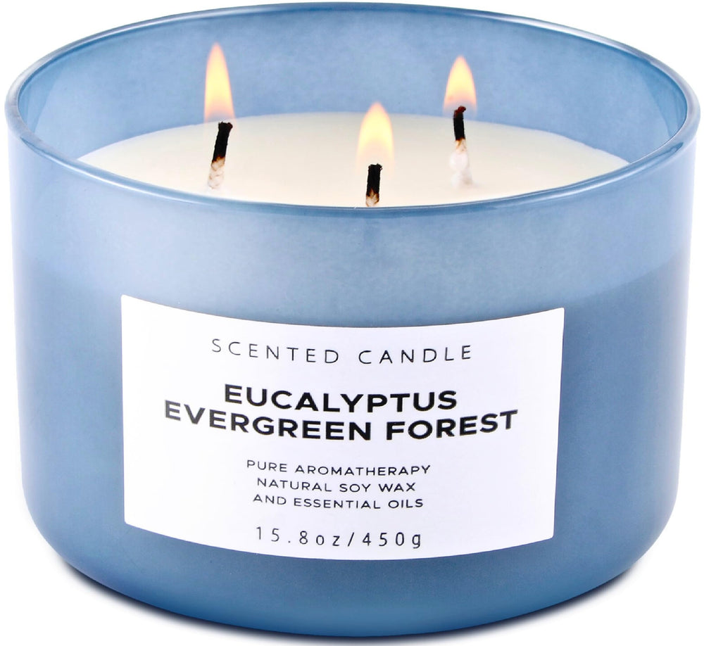 Front view of Eucalyptus Evergreen Forest 3-Wick Soy Candle in deep blue jar