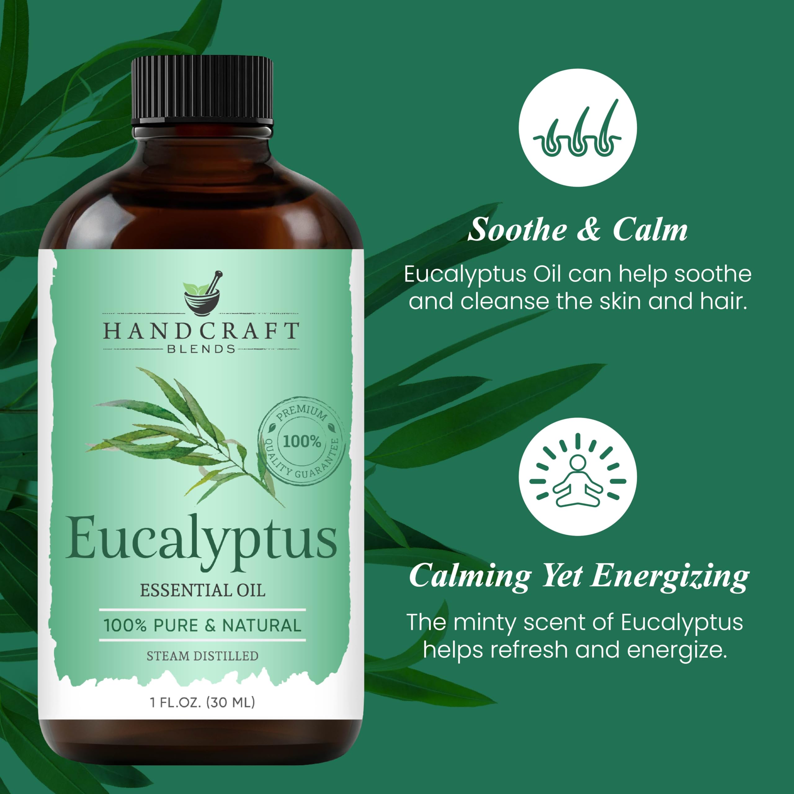 Dropper dispensing eucalyptus essential oil from amber bottle