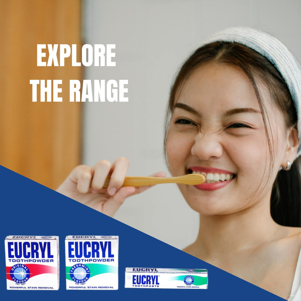Person using Eucryl Toothpowder Original 50g as part of daily routine
