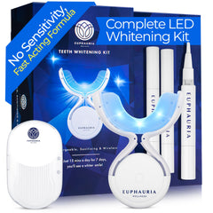 Euphauria at-home teeth whitening kit with LED mouthpiece and case