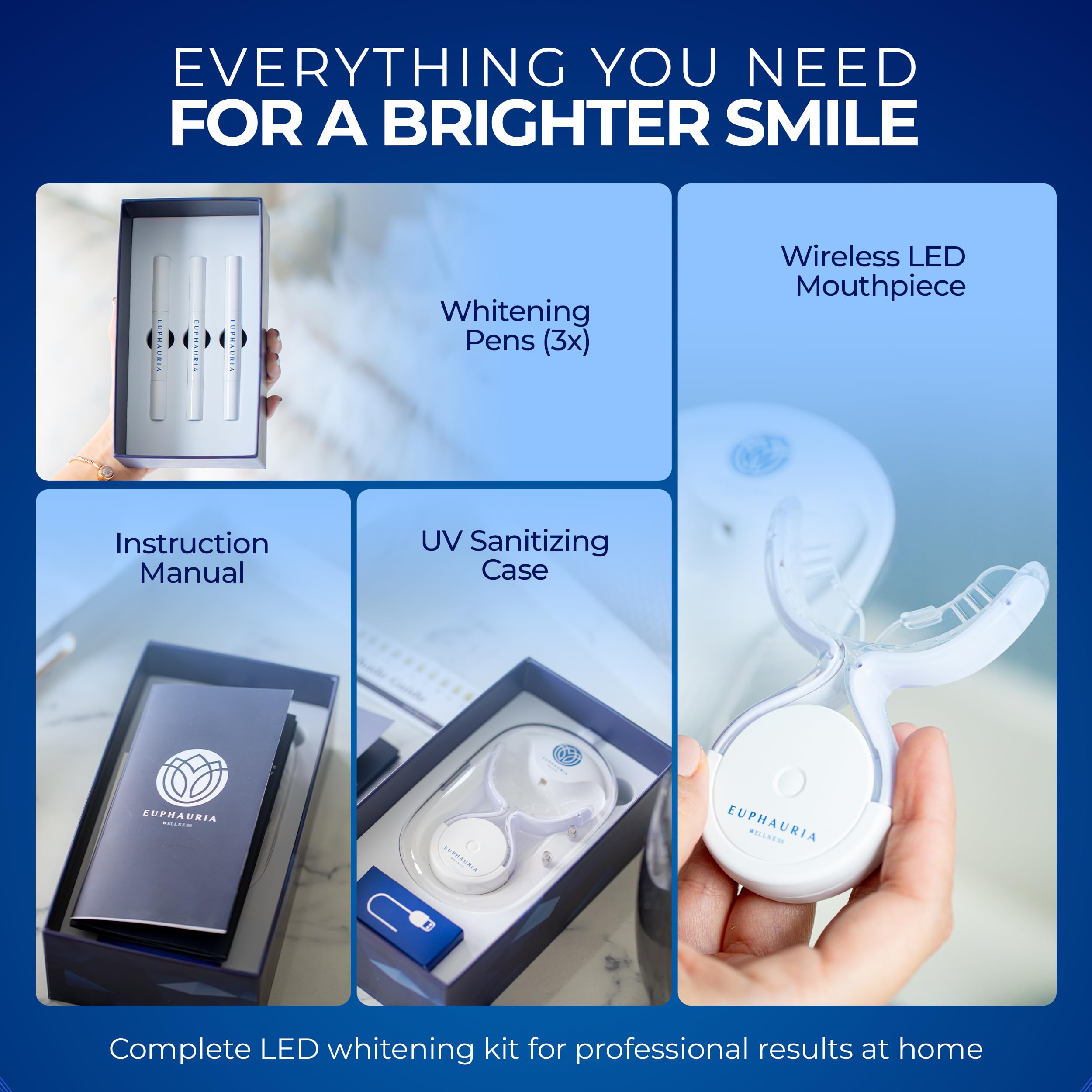 Full contents of Euphauria whitening kit displayed on packaging