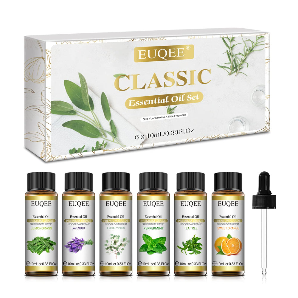 EUQEE 6-piece essential oils set packaging with 6 x 10ml bottles