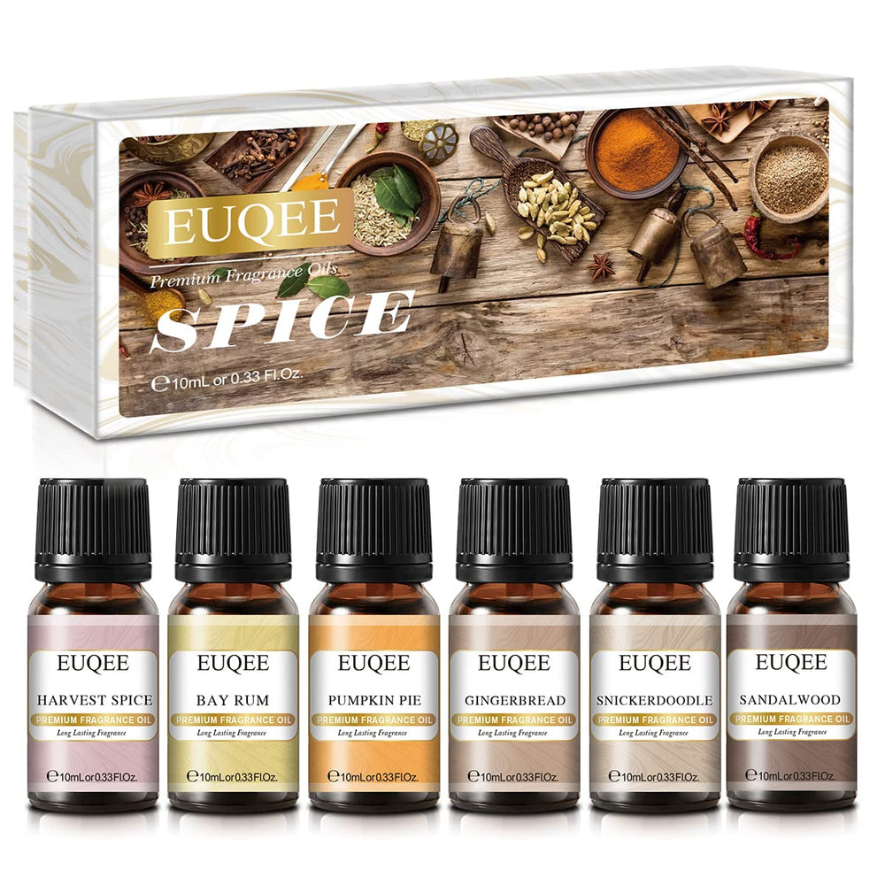 EUQEE 6PCS Spice Autumn Fragrance Oils Set bottle lineup with box