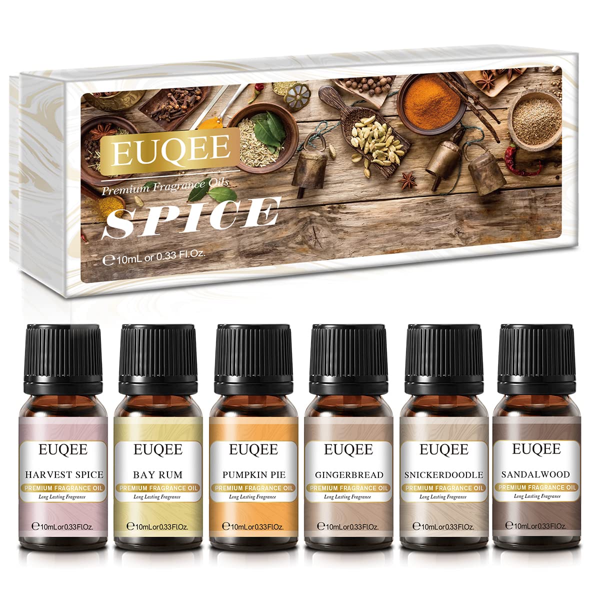 EUQEE 6PCS Spice Autumn Fragrance Oils Set bottle lineup with box