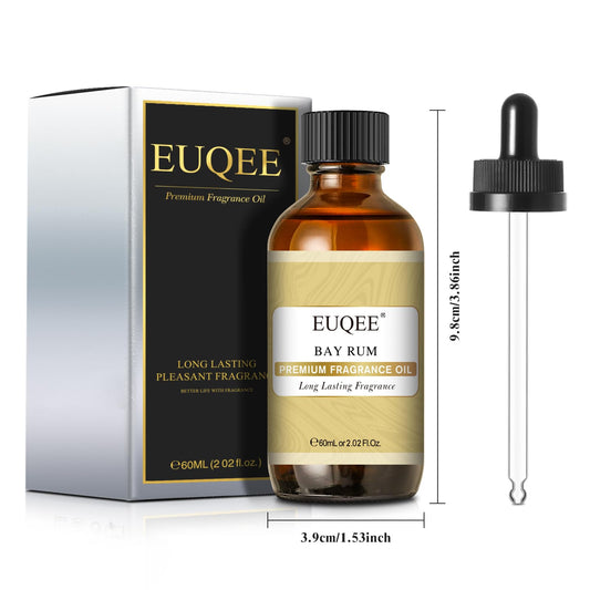 Close-up of EUQEE Bay Rum Fragrance Oil bottle