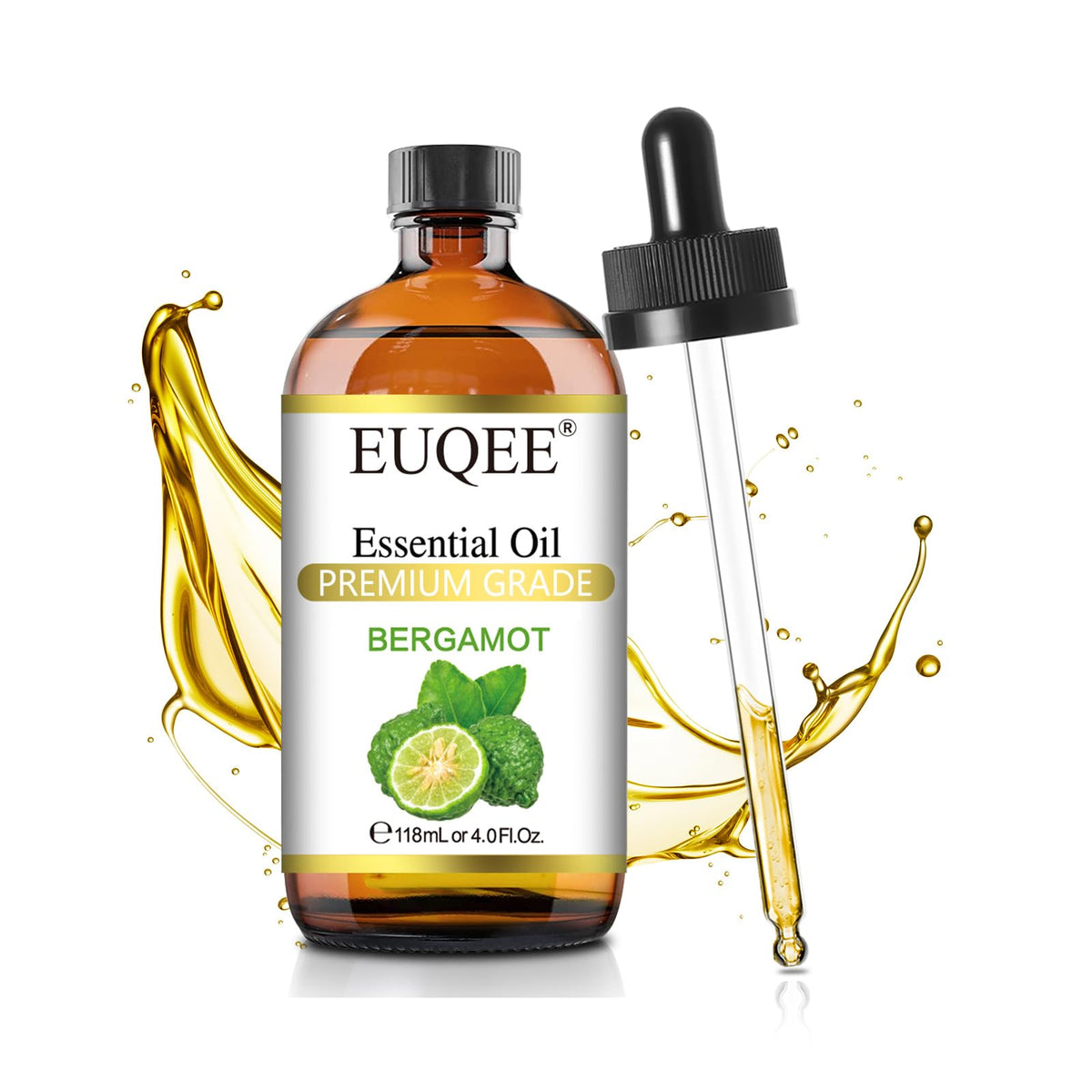 EUQEE Bergamot Essential Oil 118ml amber glass bottle with dropper