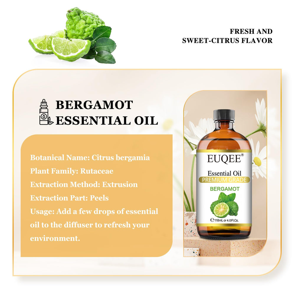 Close-up of Bergamot essential oil in amber glass bottle with dropper