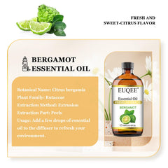 Close-up of Bergamot essential oil in amber glass bottle with dropper