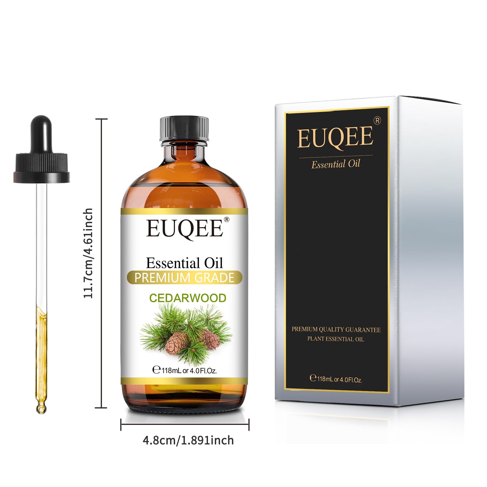 Amber glass bottle of Cedarwood essential oil with dropper