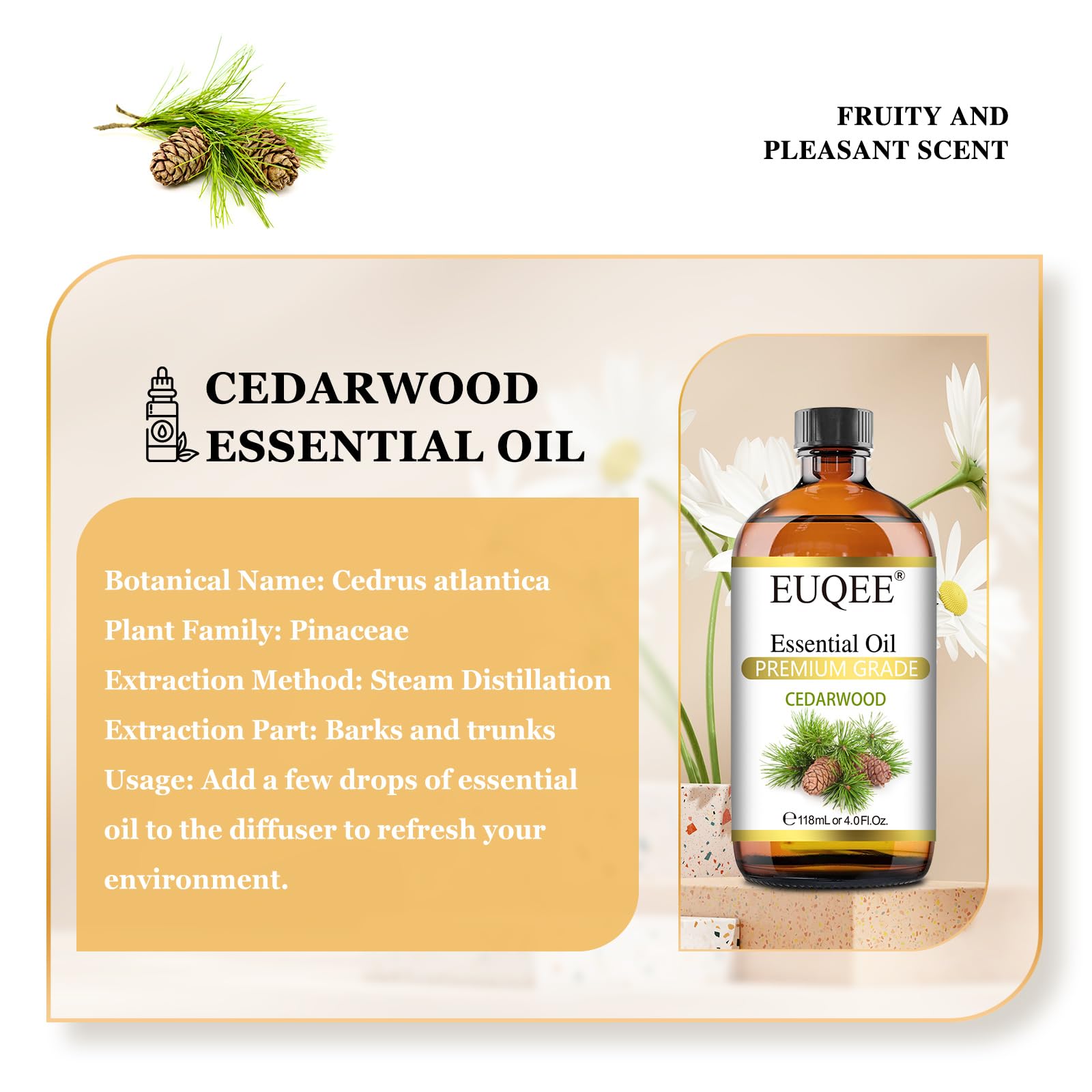 Close-up of amber bottle for EUQEE Cedarwood oil