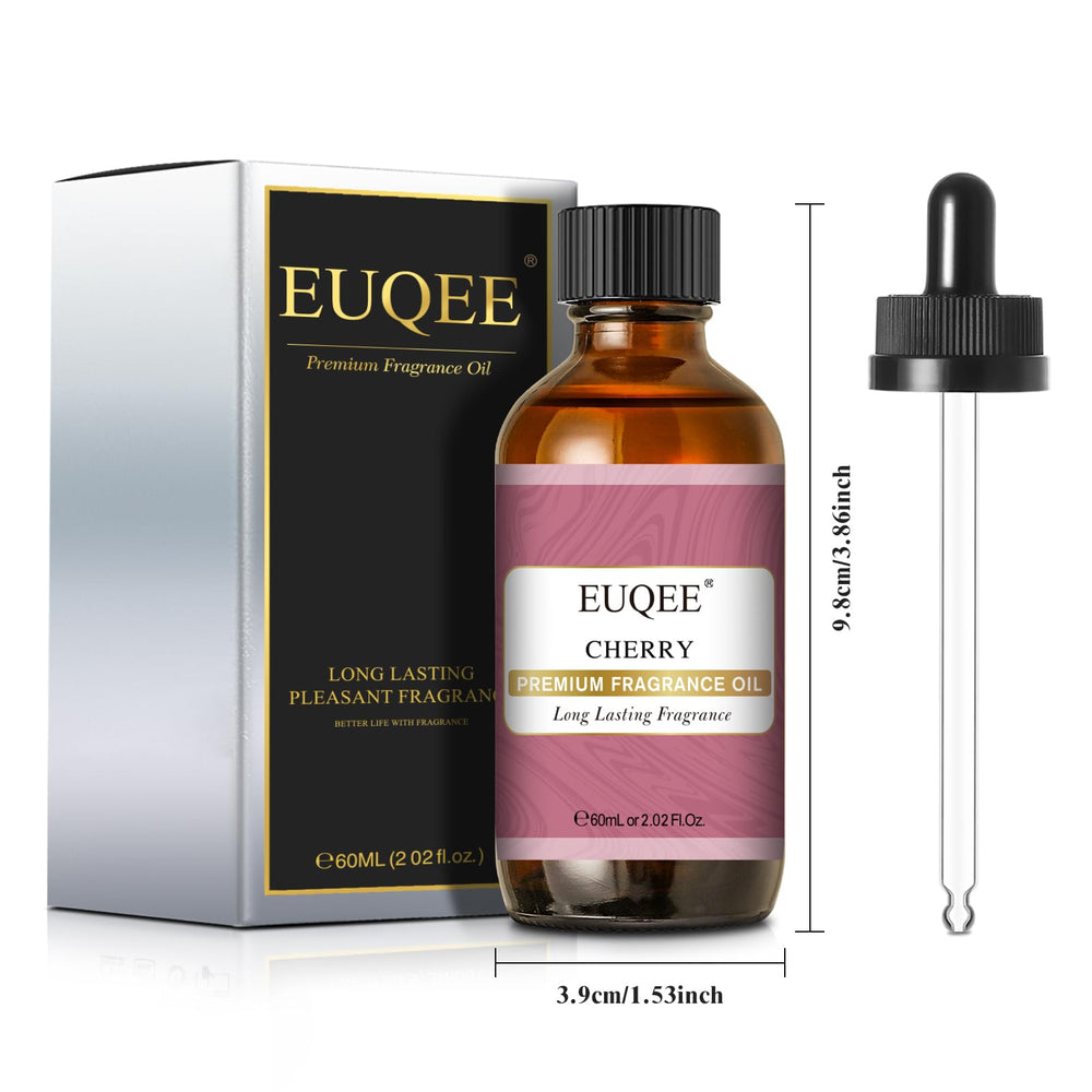 Close-up of EUQEE Cherry Fragrance Oil bottle with glass dropper