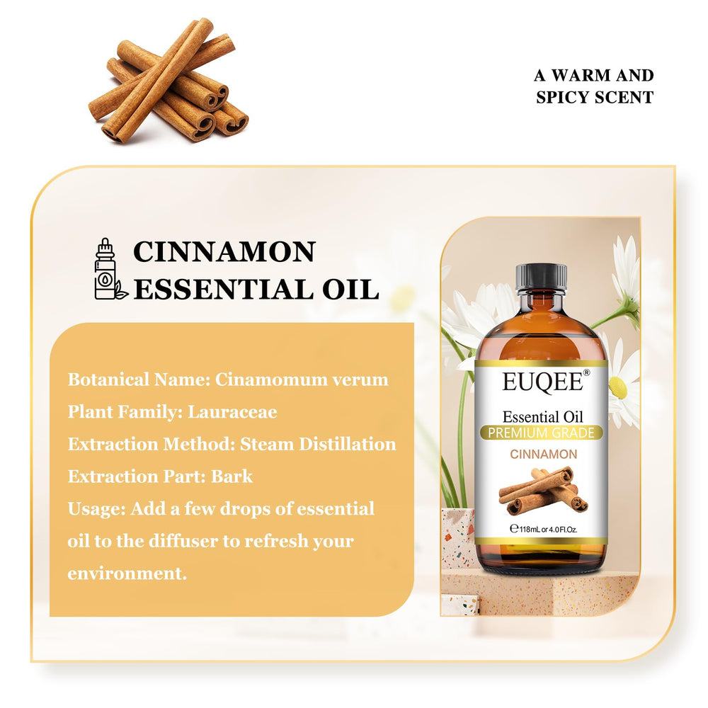 Amber glass bottle close-up of EUQEE Cinnamon Essential Oil 118ml
