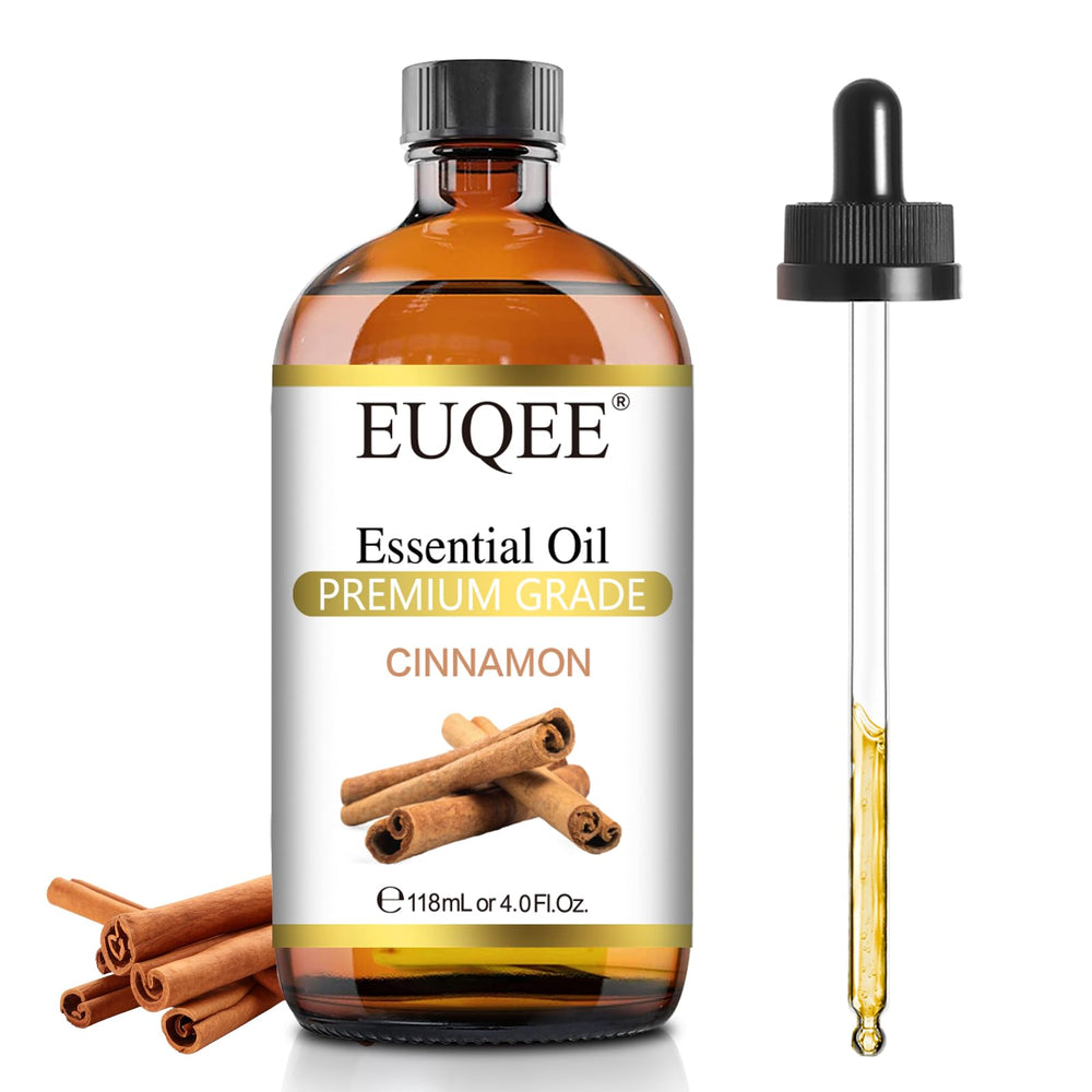 EUQEE Cinnamon Essential Oil 118ml/4oz in a Boston glass bottle with dropper
