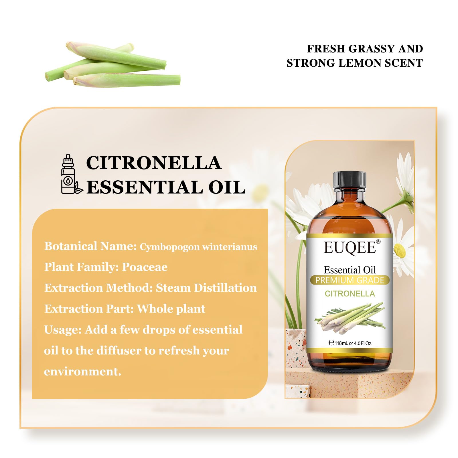 EUQEE Citronella Essential Oil bottle with amber glass and dropper