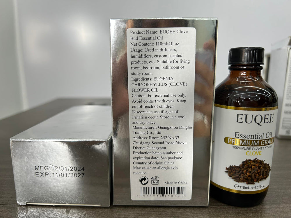 Satisfaction guaranteed label on EUQEE Clove Oil package