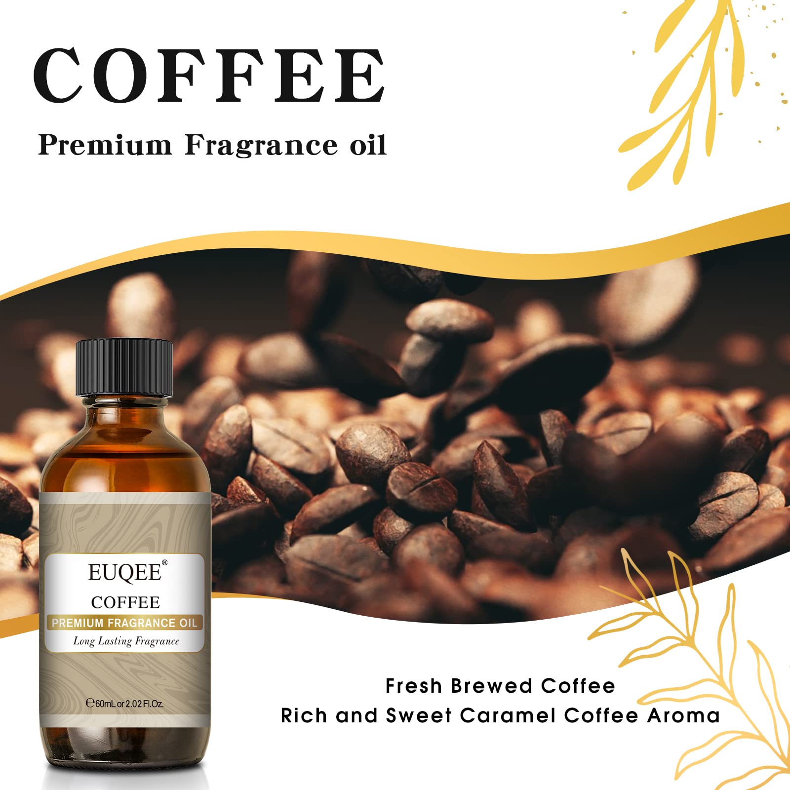Close-up of EUQEE coffee fragrance oil bottle with dropper