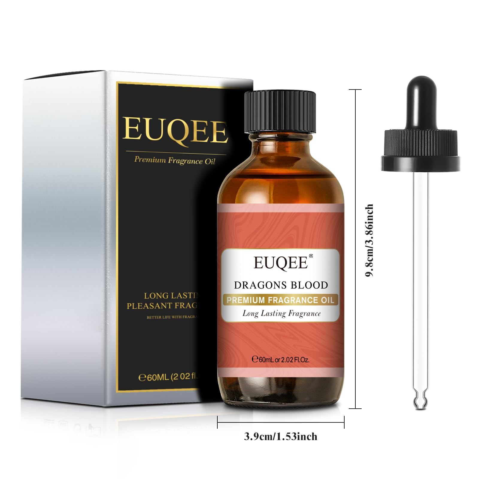 Close-up of EUQEE Dragons Blood Fragrance Oil 60ml amber bottle
