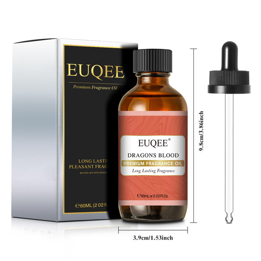 Close-up of EUQEE Dragons Blood Fragrance Oil 60ml amber bottle
