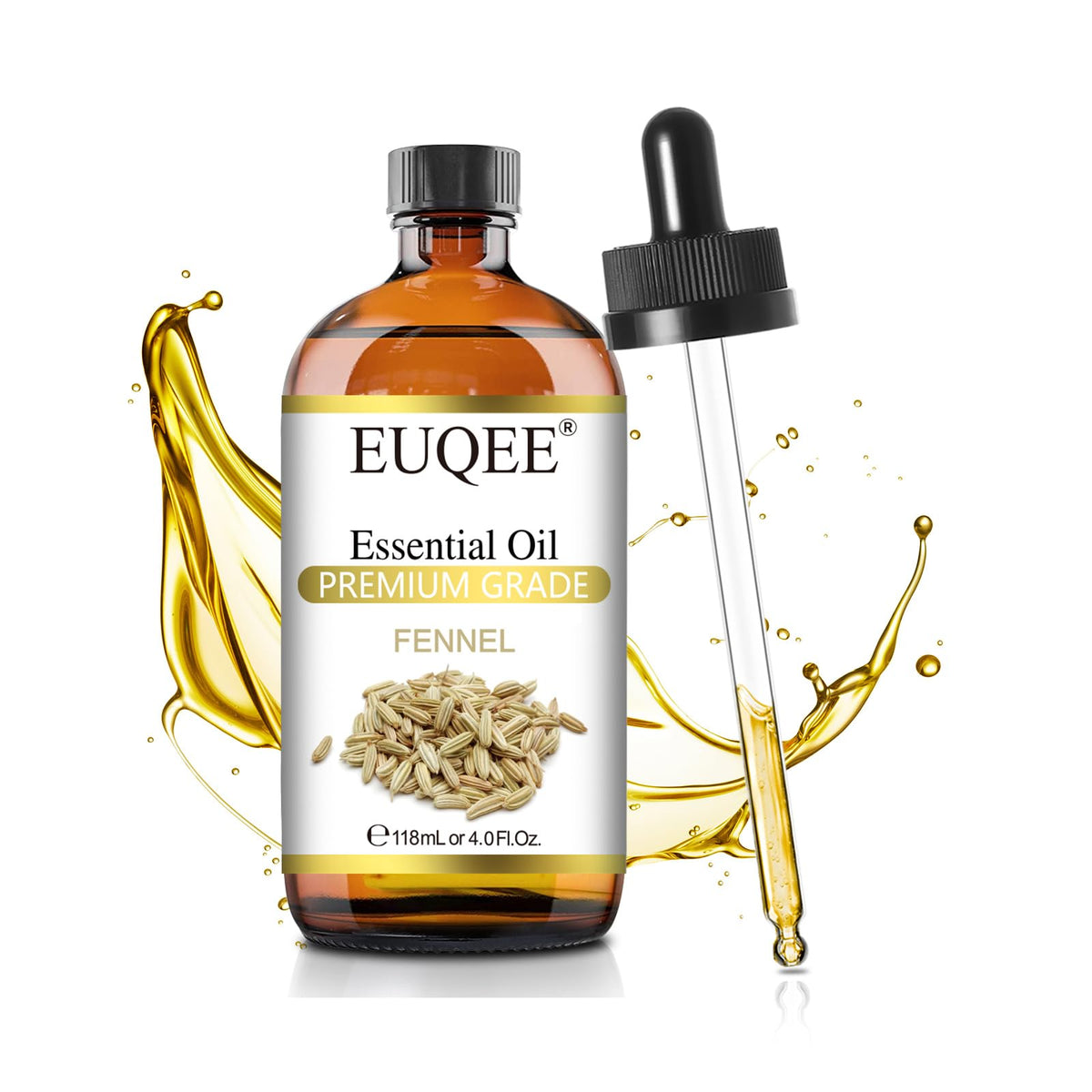 EUQEE fennel essential oil in amber glass bottle with dropper