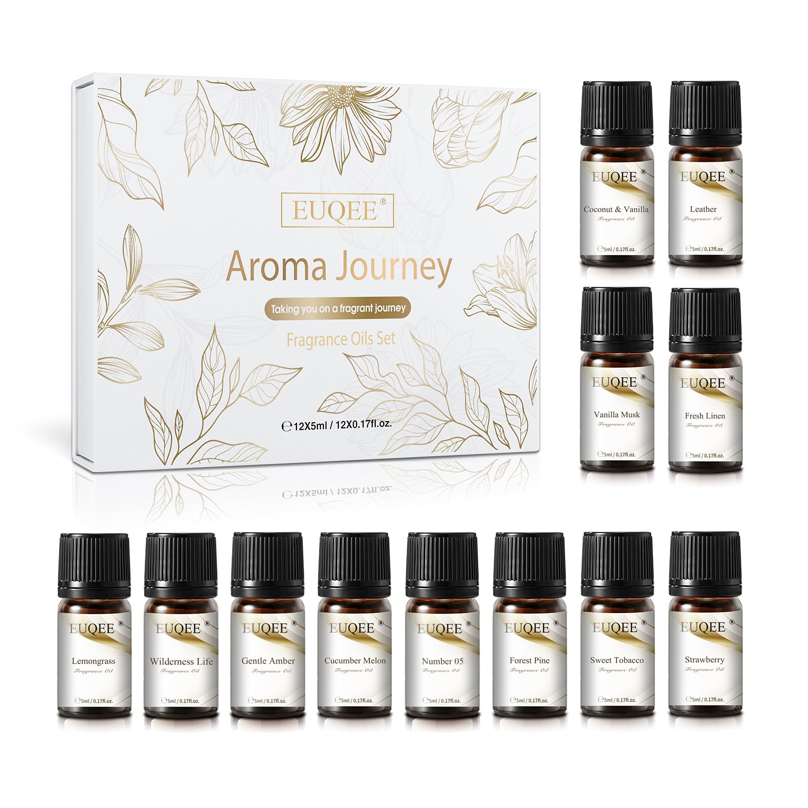 EUQEE 12pc Fragrance Oils Gift Set in amber bottles