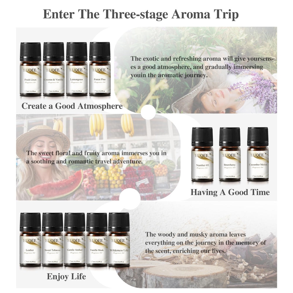 Assorted fragrances including Fresh Linen, Amber, Leather