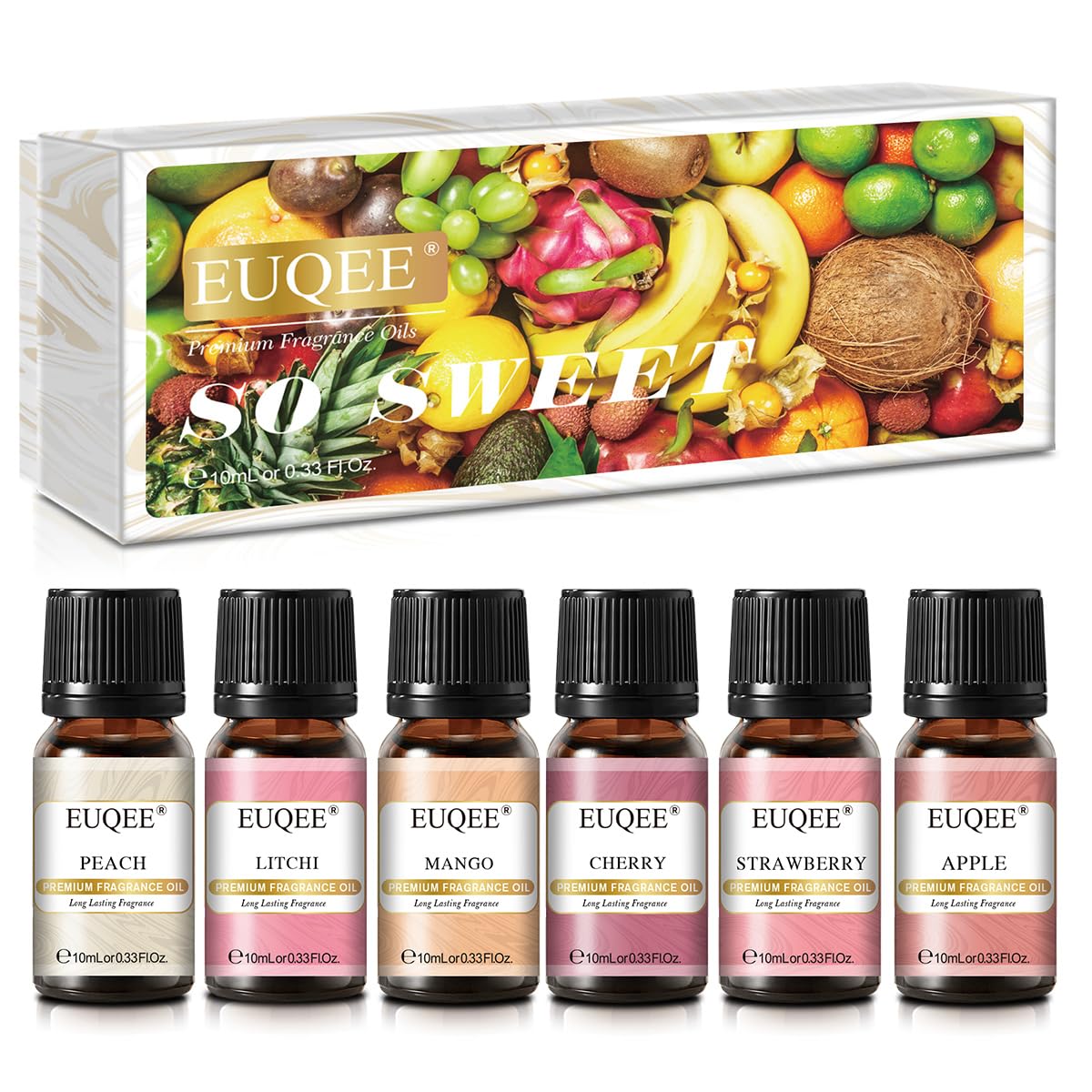 EUQEE front packaging showing six fruit fragrance bottles and gift box, appealing presentation