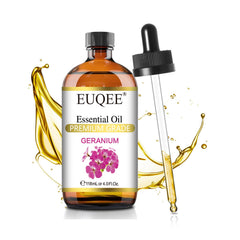 EUQEE Geranium essential oil in an 118 ml amber glass bottle with dropper
