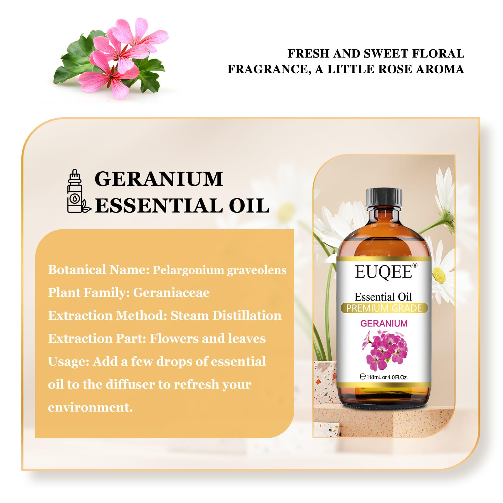 Amber bottle of EUQEE Geranium essential oil with glass dropper