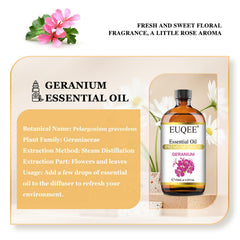 Amber bottle of EUQEE Geranium essential oil with glass dropper