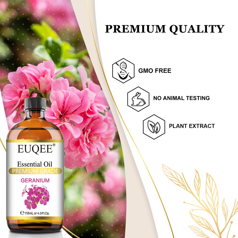 EUQEE Geranium essential oil being used in a diffuser for aromatherapy
