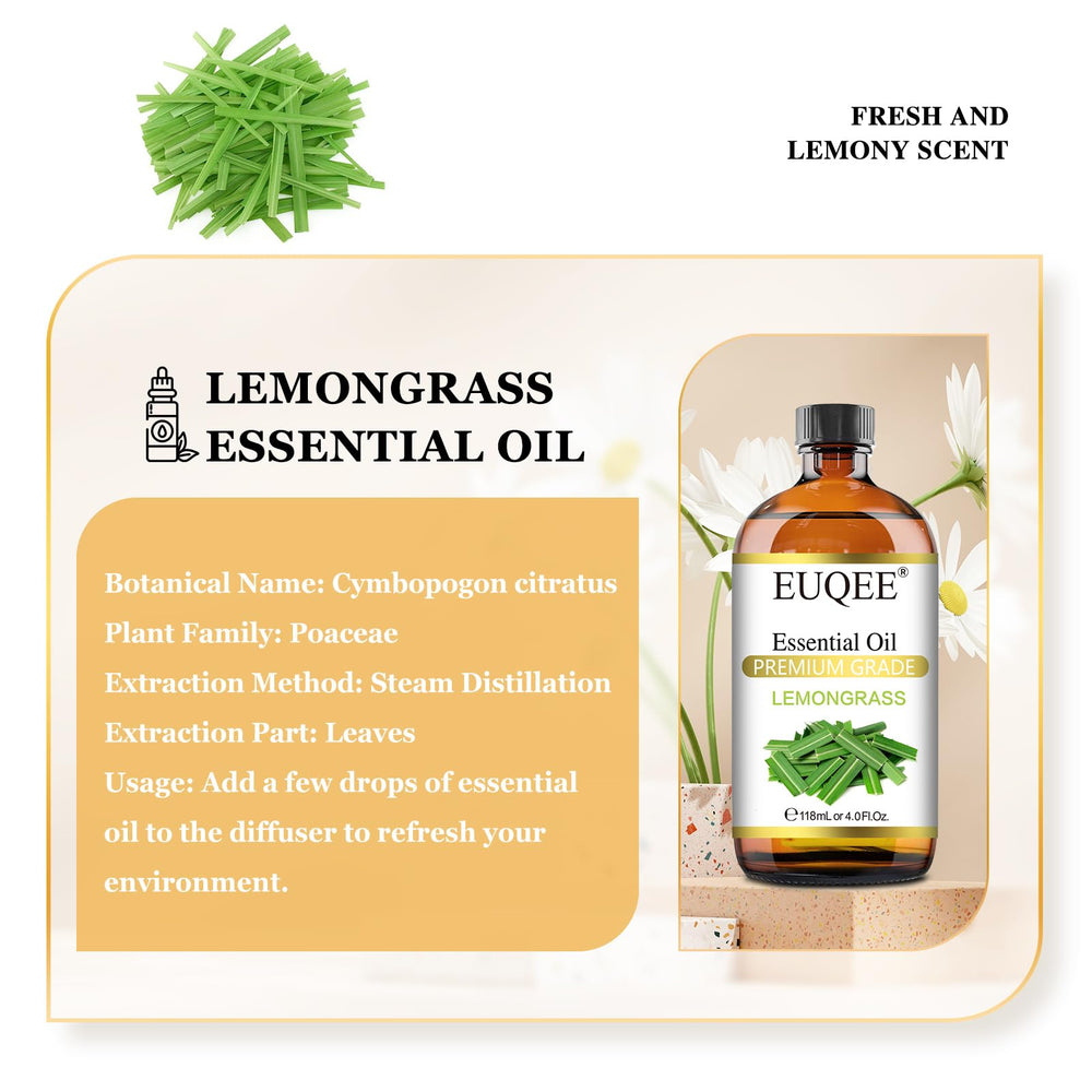 Amber glass bottle with EUQEE Lemongrass Essential Oil and dropper