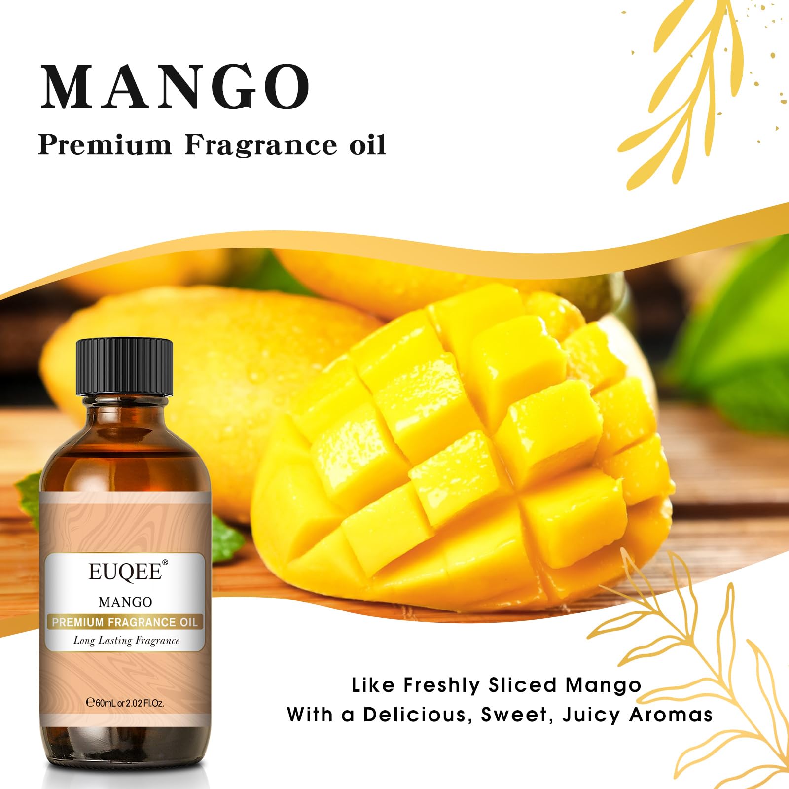 Close-up of EUQEE Mango fragrance oil glass dropper