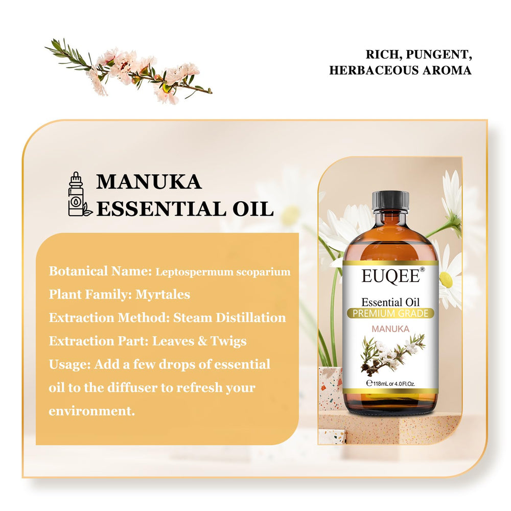 Amber glass bottle with EUQEE Manuka essential oil 118ml and glass dropper