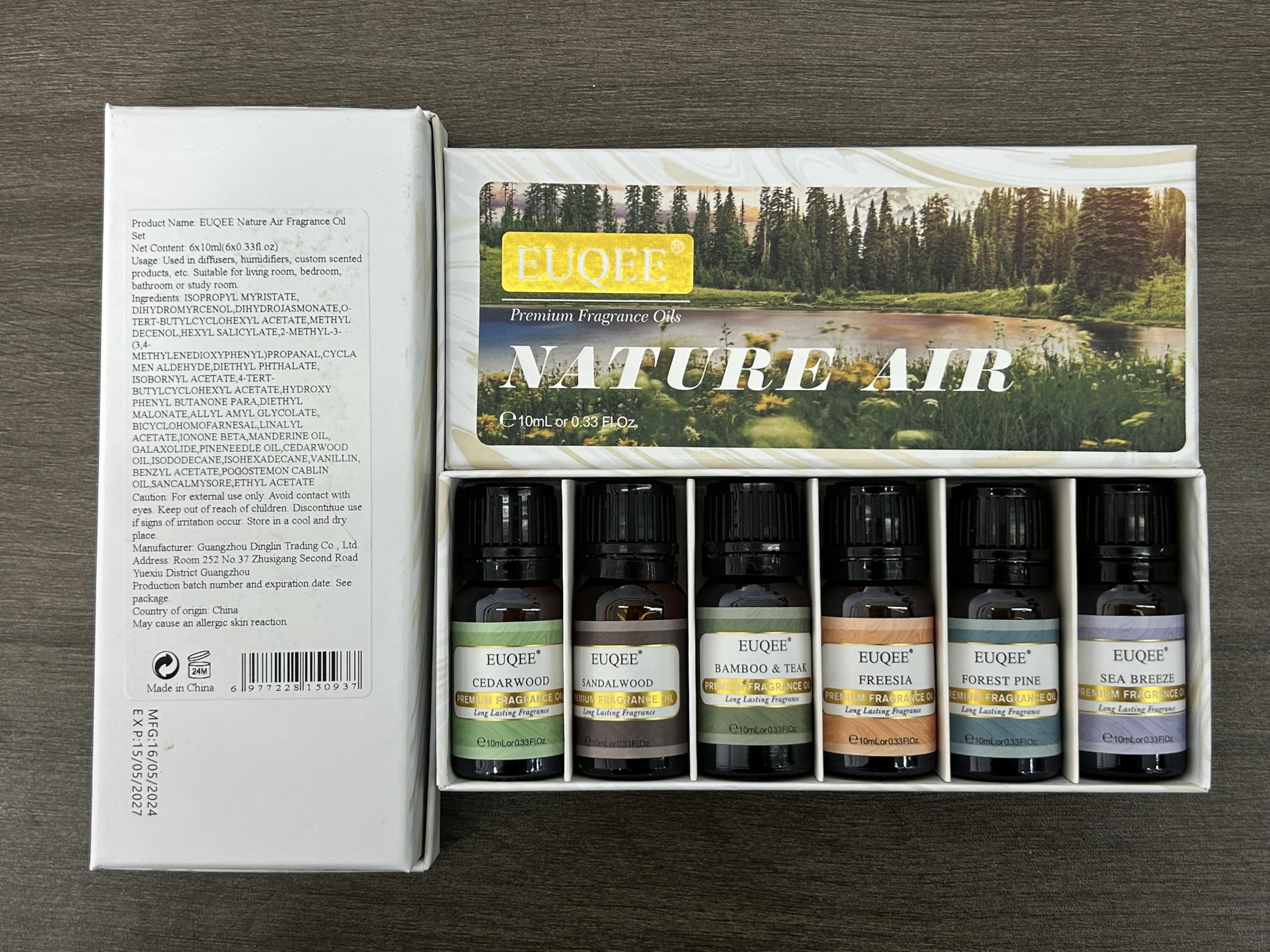 Gift set packaging and dropper bottles for EUQEE Nature Air oils