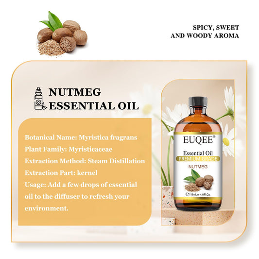 Close-up of EUQEE Nutmeg Essential Oil amber glass bottle