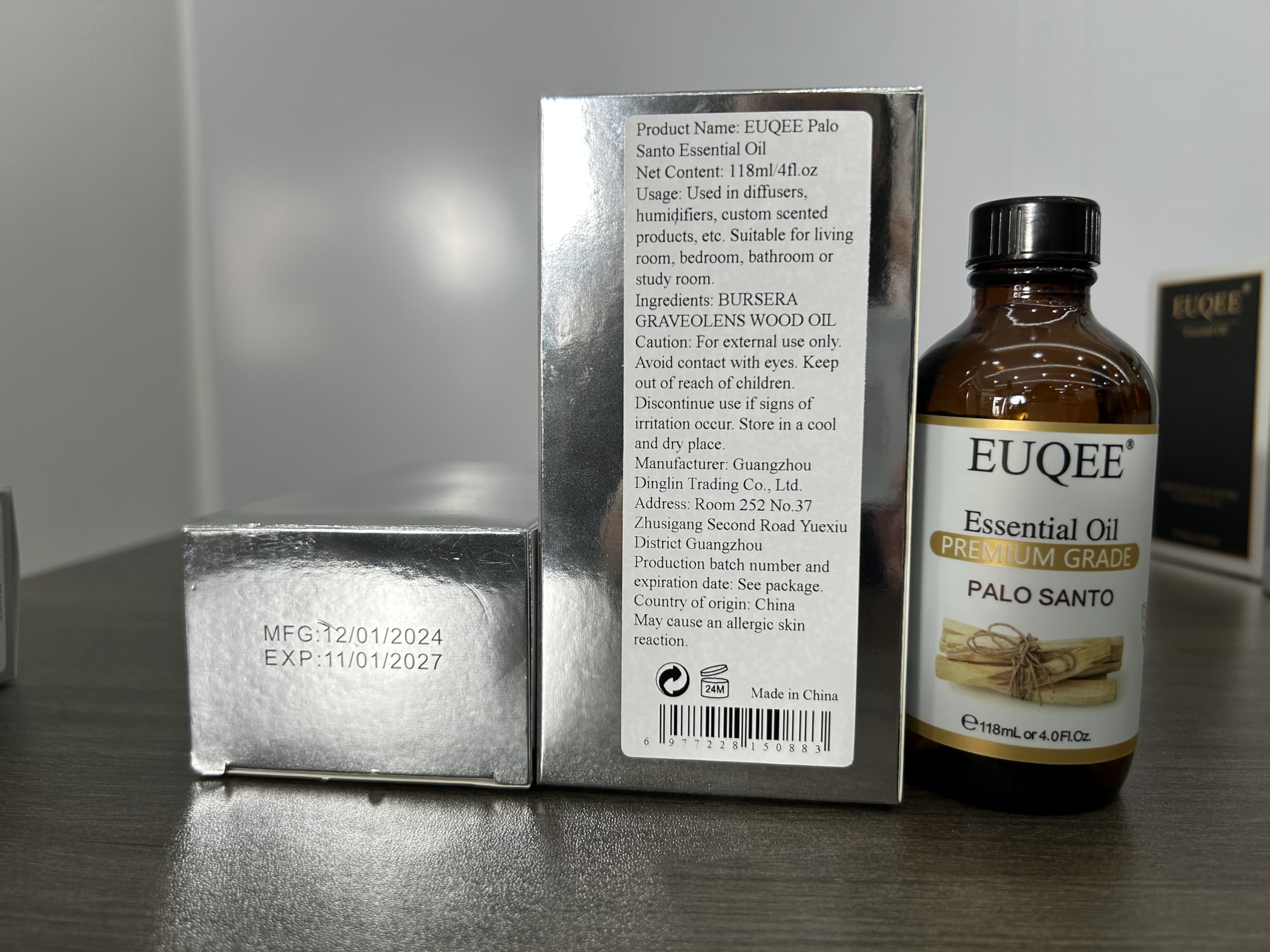 EUQEE Palo Santo oil with satisfaction guarantee card